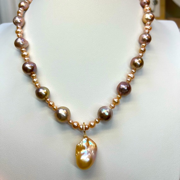 Jewelry - SOLD Genuine Baroque & Edison Pearl PEACH and LAVENDER Metallic Hues Necklace